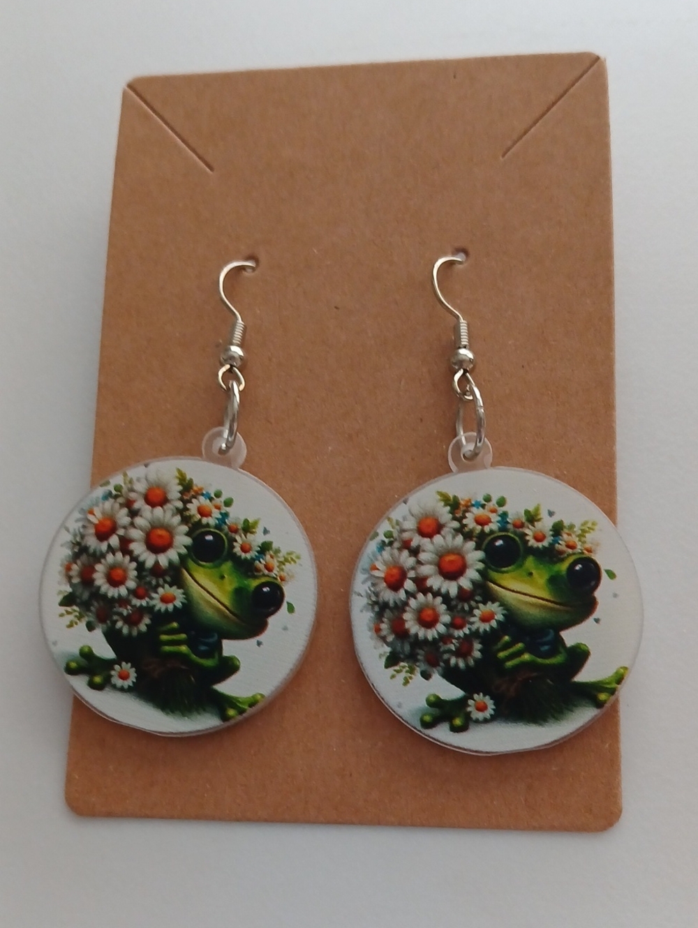 Fashion Jewelry Green Frog with White & Orange Daisy Round Drop Earrings